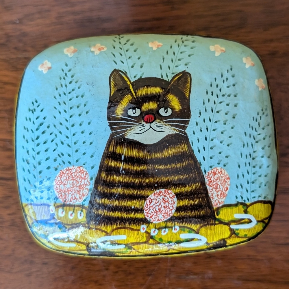 Handcrafted Cat Trinket Box - Blue and Brown